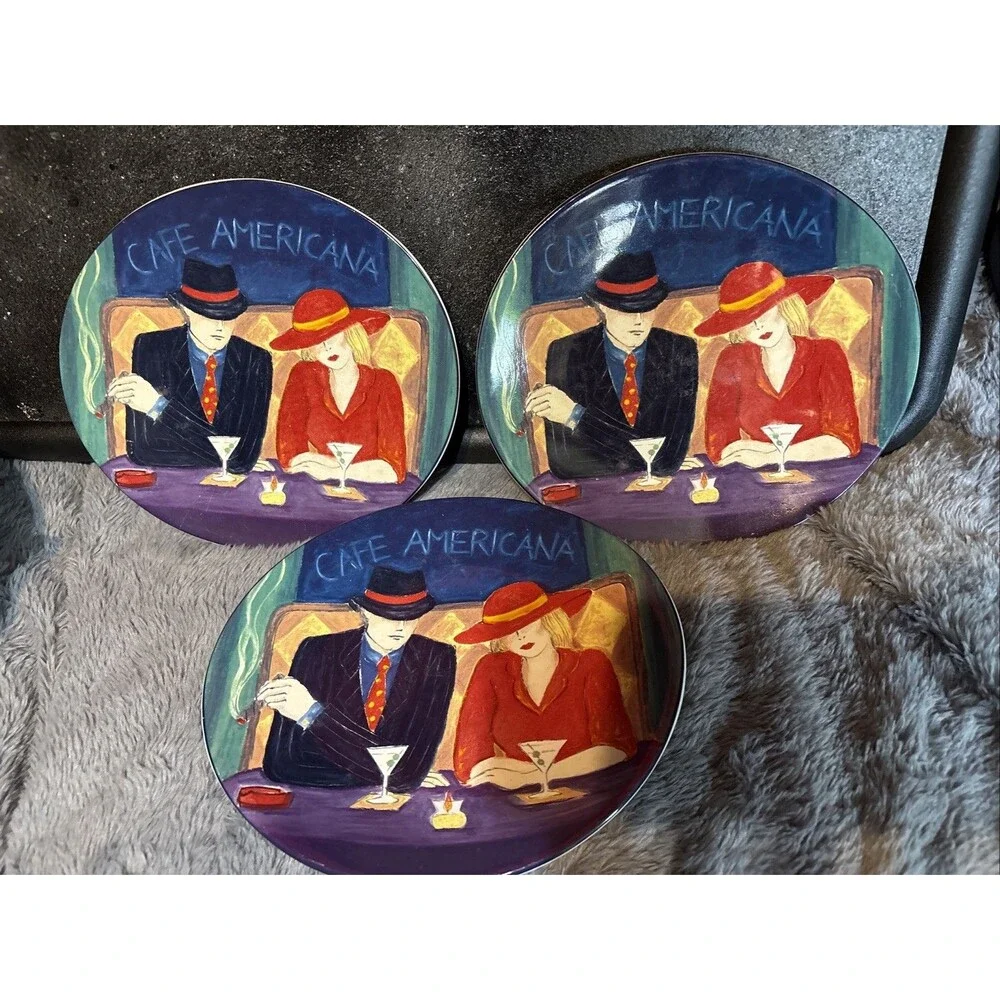 Vintage Sango CAFE AMERICANA Set 3 Salad Plates Ceramic Dessert Martini Cigar